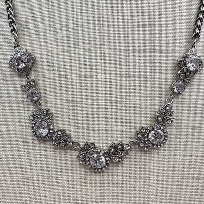 Vintage 90s Silver Tone Cubic Zirconia Glass Floral Statement Necklace Jewelry - Thumbnail 3