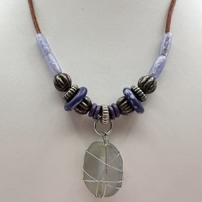 Vintage 90s Boho Wire Wrapped Stone Pendant Necklace Purple Glass Beaded Leather - Thumbnail 3