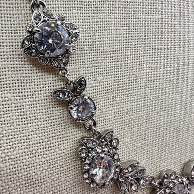 Vintage 90s Silver Tone Cubic Zirconia Glass Floral Statement Necklace Jewelry - Thumbnail 5