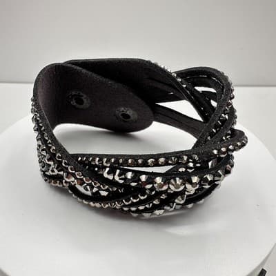 Vintage 90s Grey Suede Multi Strand Cuff Bracelet with Glass Crystals Boho Style - Thumbnail 2