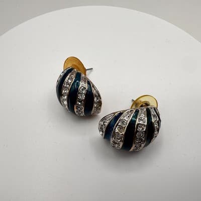 Vintage 80s Teal Blue Enamel Silver Tone Rhinestone Half Hoop Earrings Jewelry - Thumbnail 3