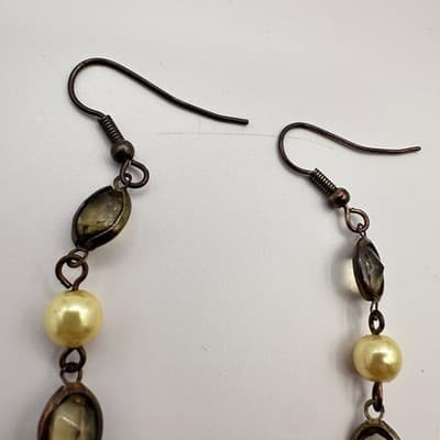Vintage 90s Faux Pearl Beaded Dangle Earrings Yellow Glass Boho Women's Jewelry - Thumbnail 4