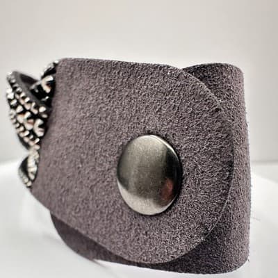 Vintage 90s Grey Suede Multi Strand Cuff Bracelet with Glass Crystals Boho Style - Thumbnail 6
