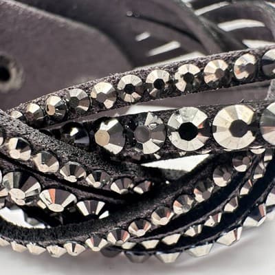Vintage 90s Grey Suede Multi Strand Cuff Bracelet with Glass Crystals Boho Style - Thumbnail 4