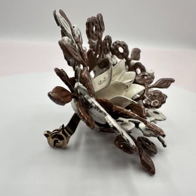Vintage 60s Enamel Flower Bouquet Brooch Brown & White Floral Pin Jewelry Retro - Thumbnail 4