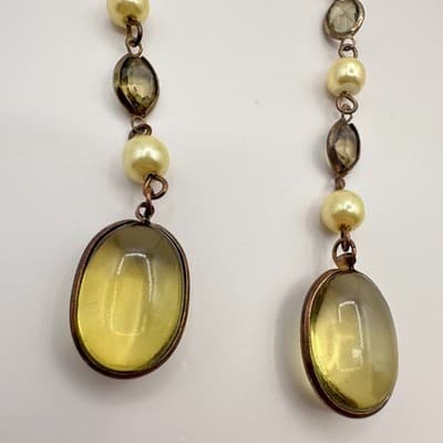 Vintage 90s Faux Pearl Beaded Dangle Earrings Yellow Glass Boho Women's Jewelry - Thumbnail 3