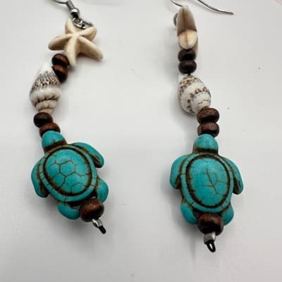 Vintage 90s Faux Turquoise Sea Turtle Starfish Shell Dangle Earrings Jewelry Y2K - Thumbnail 3