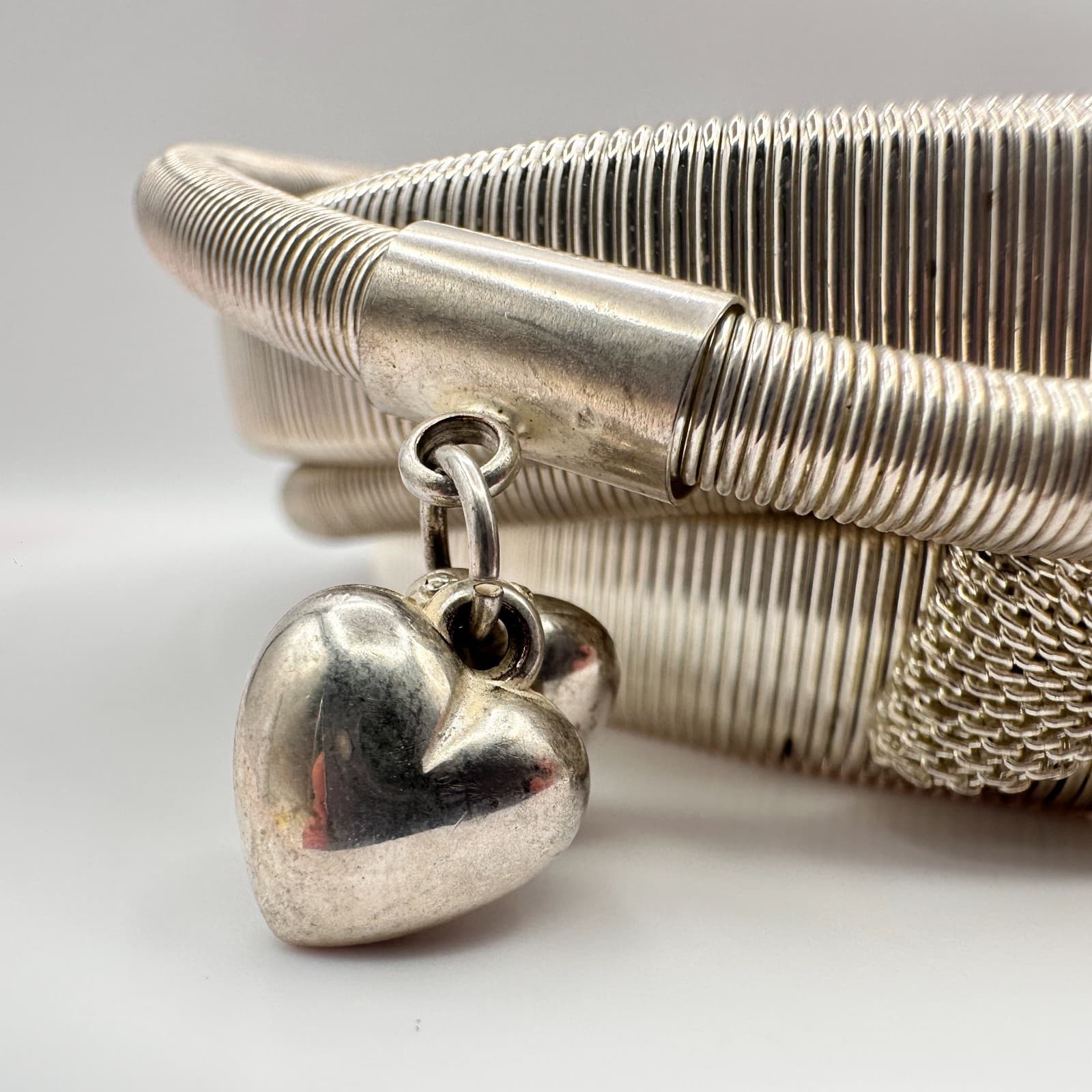 Vintage 90s Silver Tone Snake Coil Wrap Bracelet Heart Charms Mesh Bow Jewelry - Thumbnail 6