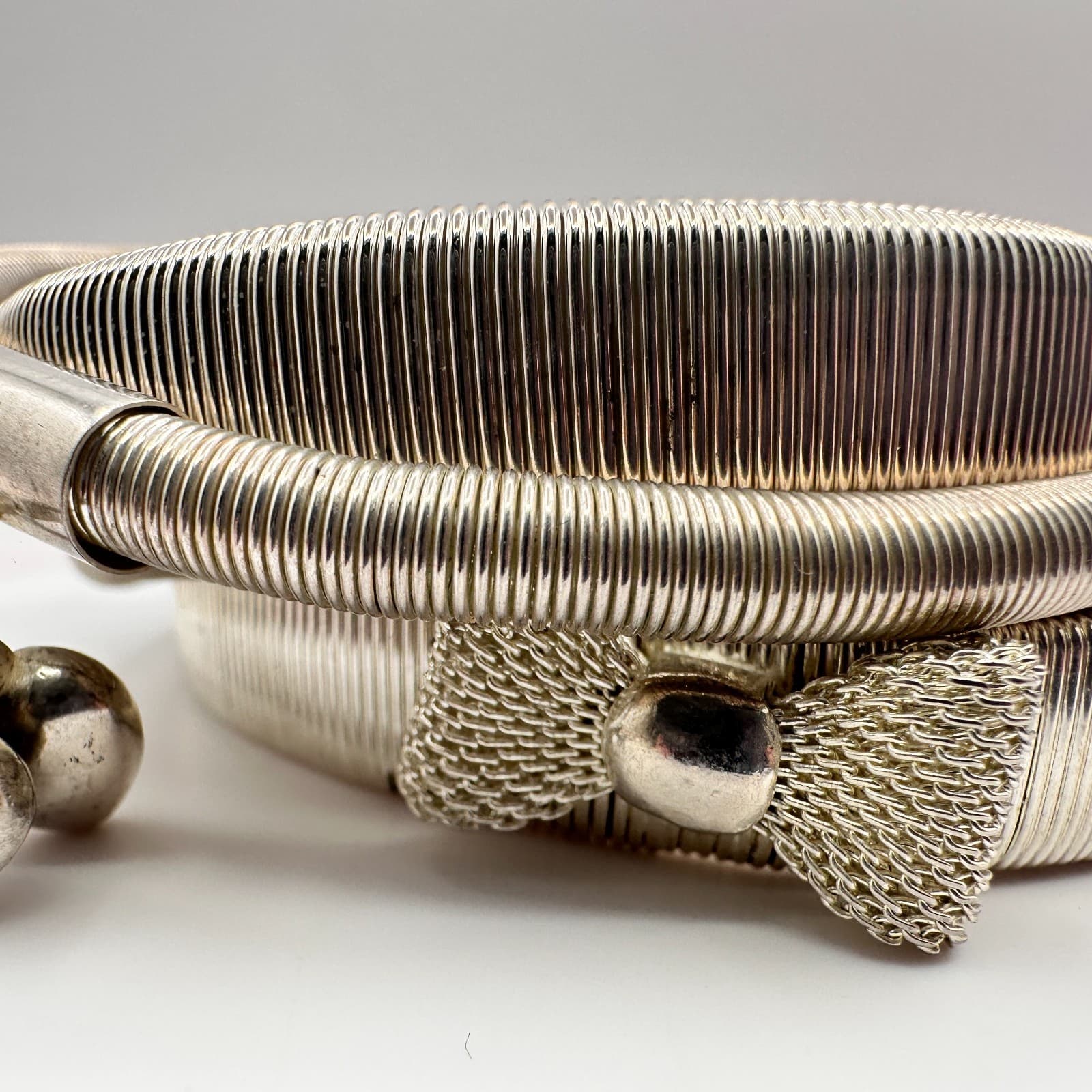 Vintage 90s Silver Tone Snake Coil Wrap Bracelet Heart Charms Mesh Bow Jewelry - Thumbnail 5