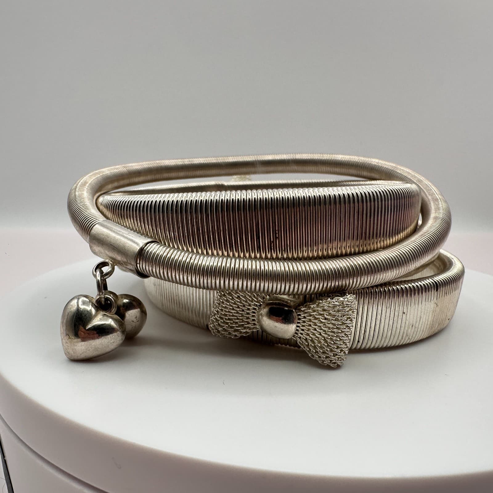 Vintage 90s Silver Tone Snake Coil Wrap Bracelet Heart Charms Mesh Bow Jewelry - Thumbnail 8