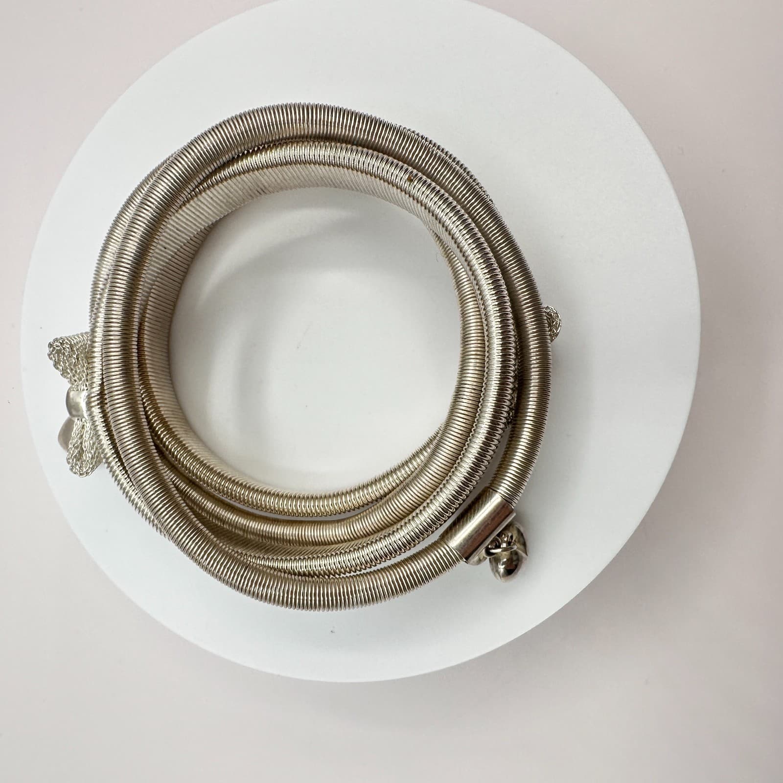 Vintage 90s Silver Tone Snake Coil Wrap Bracelet Heart Charms Mesh Bow Jewelry - Thumbnail 7