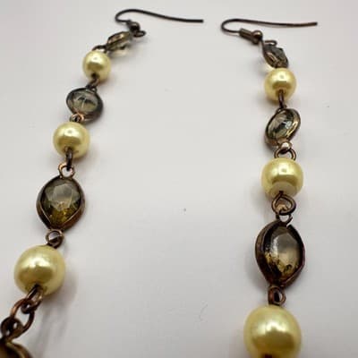 Vintage 90s Faux Pearl Beaded Dangle Earrings Yellow Glass Boho Women's Jewelry - Thumbnail 5