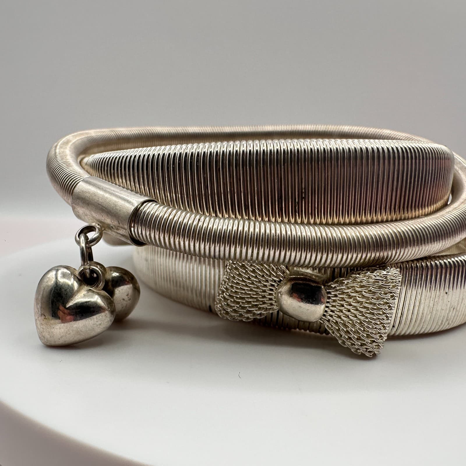Vintage 90s Silver Tone Snake Coil Wrap Bracelet Heart Charms Mesh Bow Jewelry - Thumbnail 4
