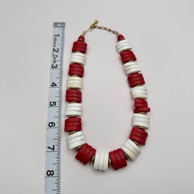 Vintage 80s Red White Chunky Segment Bead Statement Necklace Gold Tone Jewelry - Thumbnail 9