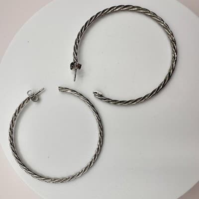 Vintage 90s Faux Turquoise Square Twisted Hoop Earrings Set Silver Tone Jewelry - Thumbnail 8