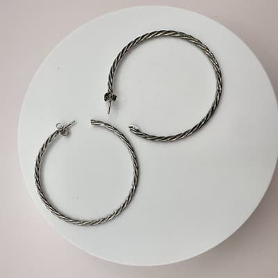 Vintage 90s Faux Turquoise Square Twisted Hoop Earrings Set Silver Tone Jewelry - Thumbnail 7
