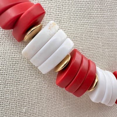 Vintage 80s Red White Chunky Segment Bead Statement Necklace Gold Tone Jewelry - Thumbnail 4