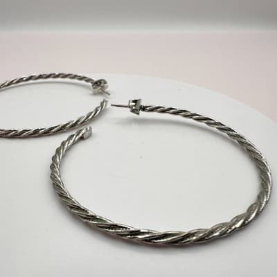 Vintage 90s Faux Turquoise Square Twisted Hoop Earrings Set Silver Tone Jewelry - Thumbnail 9