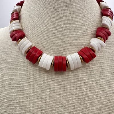 Vintage 80s Red White Chunky Segment Bead Statement Necklace Gold Tone Jewelry - Thumbnail 7