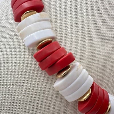 Vintage 80s Red White Chunky Segment Bead Statement Necklace Gold Tone Jewelry - Thumbnail 6
