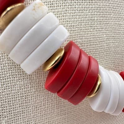 Vintage 80s Red White Chunky Segment Bead Statement Necklace Gold Tone Jewelry - Thumbnail 5
