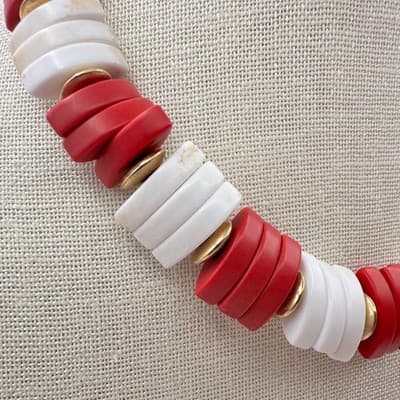 Vintage 80s Red White Chunky Segment Bead Statement Necklace Gold Tone Jewelry - Thumbnail 3