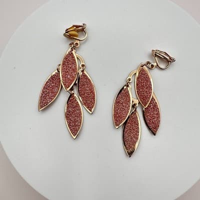 Vintage 90s Gold Tone Pink Glitter Leaf Dangle Earrings Women's Classic Jewelry - Thumbnail 3