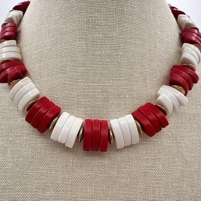 Vintage 80s Red White Chunky Segment Bead Statement Necklace Gold Tone Jewelry - Thumbnail 2