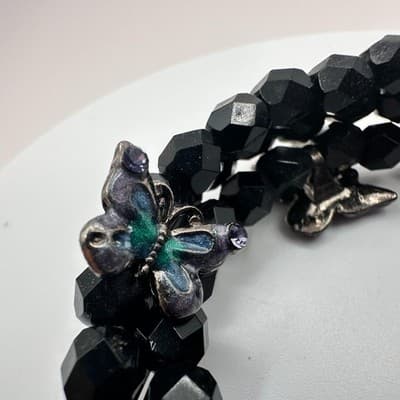Vintage 90s Black Beaded Memory Wire Wrap Bracelet Butterfly Charms Boho Goth - Thumbnail 5