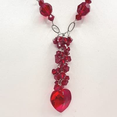 Vintage 90s Red Glass Heart Pendant Necklace Silver Tone Boho Statement Jewelry - Thumbnail 2