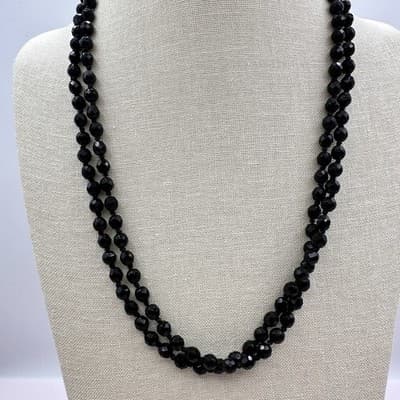 Vintage 90s Jet Black Beaded Double Strand Necklace Faceted Acrylic Boho Jewelry - Thumbnail 2