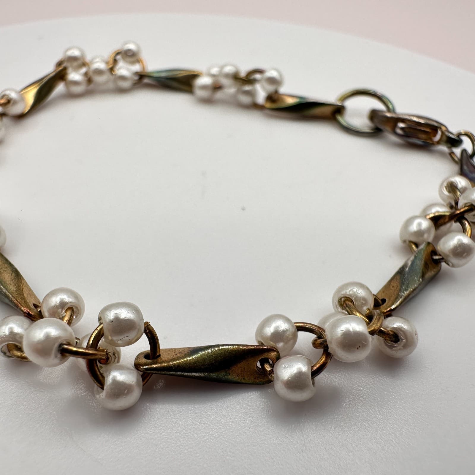 Vintage Y2K Faux Pearl Beaded Bracelet Gold Tone Boho Statement Women's Jewelry - Thumbnail 5