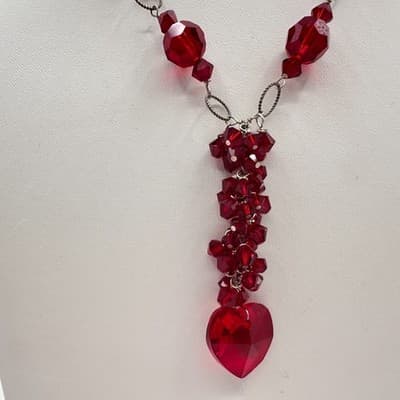 Vintage 90s Red Glass Heart Pendant Necklace Silver Tone Boho Statement Jewelry - Thumbnail 5