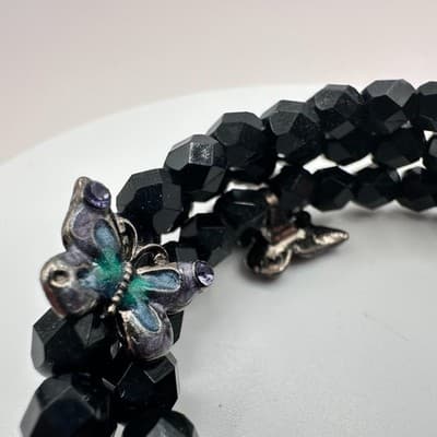 Vintage 90s Black Beaded Memory Wire Wrap Bracelet Butterfly Charms Boho Goth - Thumbnail 4