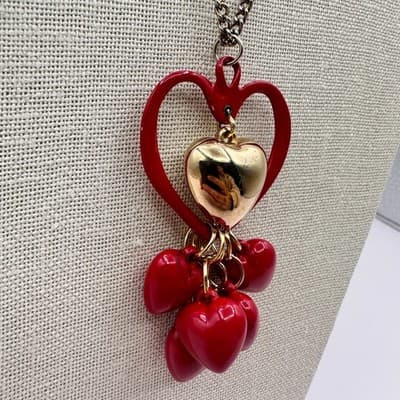 Vintage 90s Red Heart Pendant Necklace Gold Tone Dangle Charm Layered Jewelry - Thumbnail 7