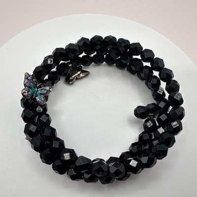 Vintage 90s Black Beaded Memory Wire Wrap Bracelet Butterfly Charms Boho Goth - Thumbnail 3