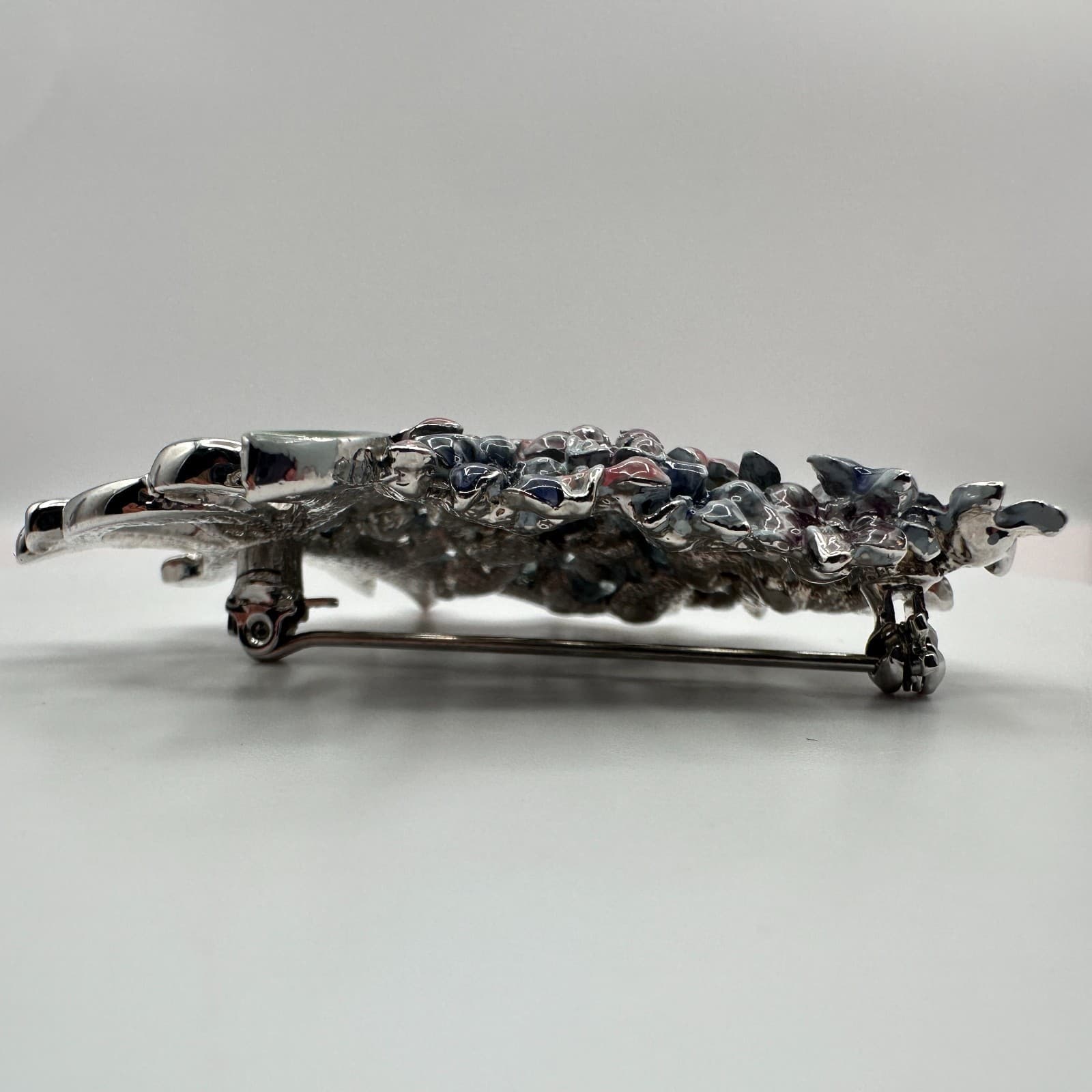 Vintage 90s Silver Tone Enamel Floral Bouquet Brooch Pin Women's Classic Jewelry - Thumbnail 6