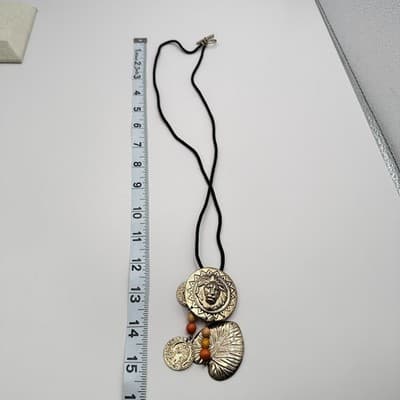 Vintage Copper Tone Lion Head Coin Leaf Pendant Cord Necklace Wooden Bead Boho - Thumbnail 8