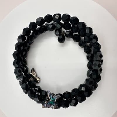 Vintage 90s Black Beaded Memory Wire Wrap Bracelet Butterfly Charms Boho Goth - Thumbnail 8