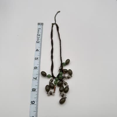 Vintage 90s Waterfall Bib Necklace Green Stone Brown Suede Fringe Goblincore Bib - Thumbnail 8