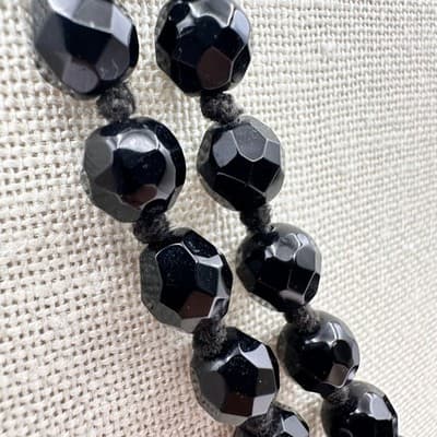 Vintage 90s Jet Black Beaded Double Strand Necklace Faceted Acrylic Boho Jewelry - Thumbnail 8