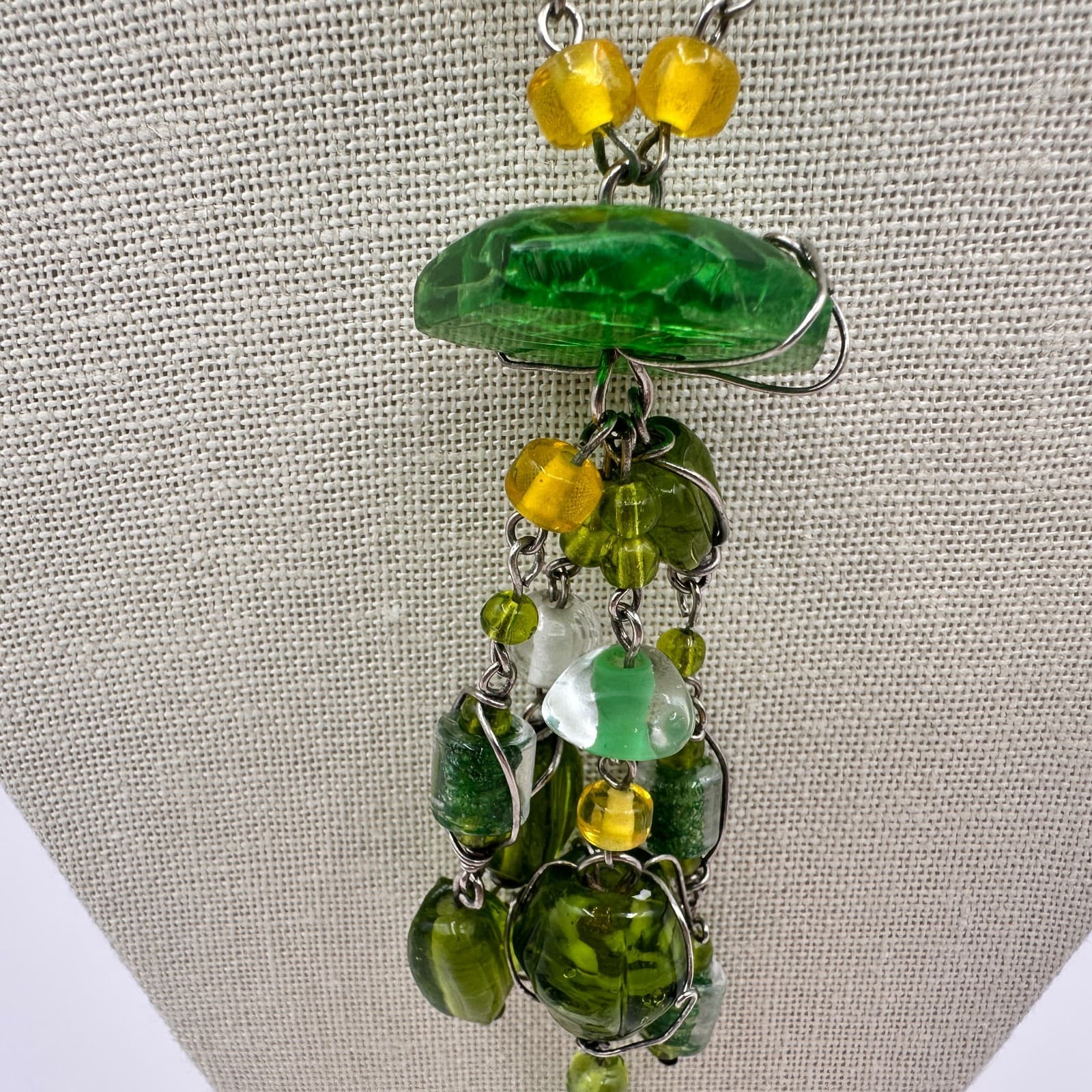 Vintage Green Glass Bead Tassel Necklace Wire Wrapped Yellow Crystal Y Drop Boho - Thumbnail 3