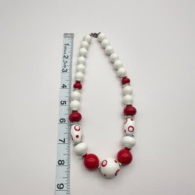 Vintage 60s Red & White Beaded Choker Necklace Chunky Polka Dot Women's Jewelry - Thumbnail 7