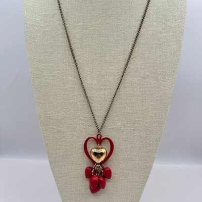 Vintage 90s Red Heart Pendant Necklace Gold Tone Dangle Charm Layered Jewelry - Thumbnail 3