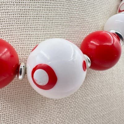 Vintage 60s Red & White Beaded Choker Necklace Chunky Polka Dot Women's Jewelry - Thumbnail 5