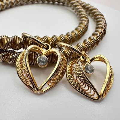 Vintage 90s Crystal Heart Coil Bangle Bracelet Set Multi Tone Women's Jewelry - Thumbnail 3