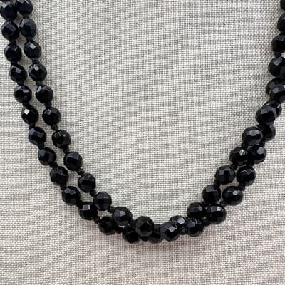 Vintage 90s Jet Black Beaded Double Strand Necklace Faceted Acrylic Boho Jewelry - Thumbnail 4