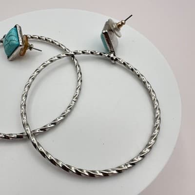 Vintage 90s Faux Turquoise Square Twisted Hoop Earrings Set Silver Tone Jewelry - Thumbnail 5
