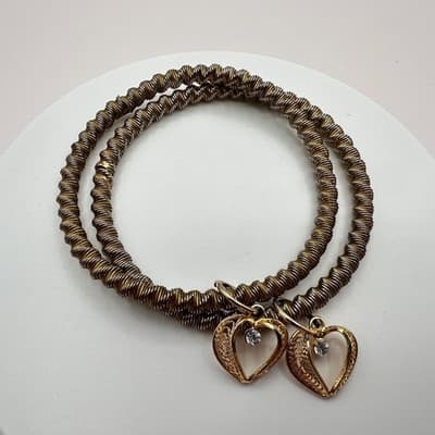 Vintage 90s Crystal Heart Coil Bangle Bracelet Set Multi Tone Women's Jewelry - Thumbnail 7