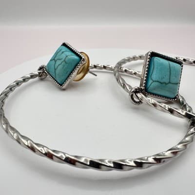 Vintage 90s Faux Turquoise Square Twisted Hoop Earrings Set Silver Tone Jewelry - Thumbnail 3